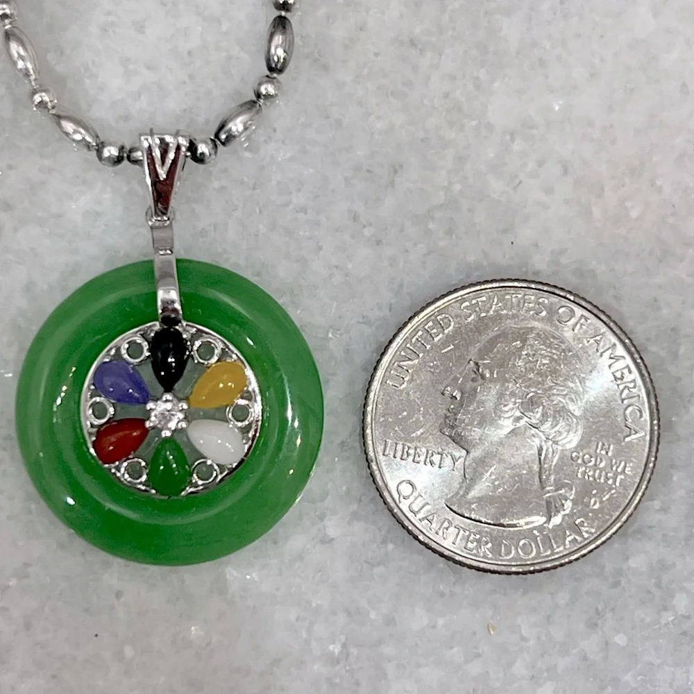 Burmese Multi Jade Zircon Sterling Silver Wheel Pendant  Necklace